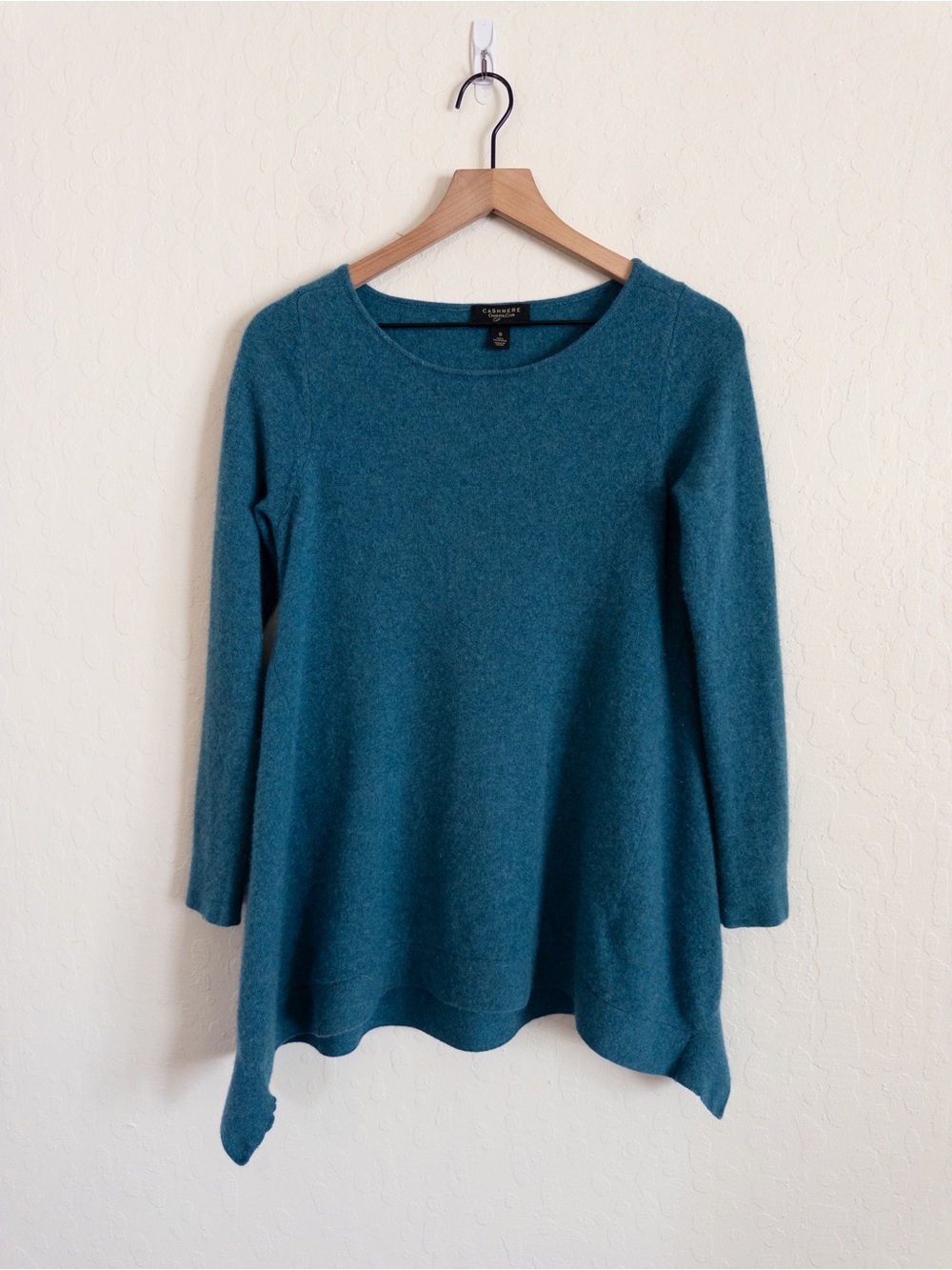 Charter Club 100% Cashmere Crewneck Asymmetric Tunic Sweater Small Teal Blue